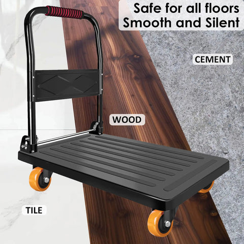 Built Like A Tank Three Inch Swivel Caster Wheels Set Of Four Heavy Duty Polyurethane Treads For Workbenches And Shop Gear Rolls Like Butter Dual Ball Bearings Orange Edition Come Fully Loaded With All Hardware on a dolly, showcasing smooth surfaces.