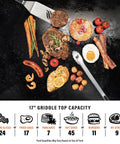 Stainless Steel Propane Gas Portable Flat Top Griddle Station cooking various foods like steaks, eggs, and vegetables.