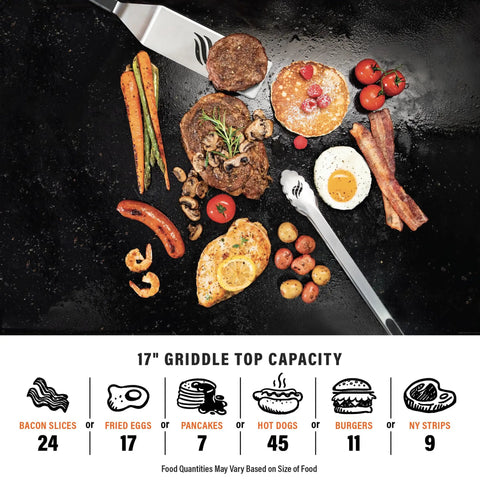 Stainless Steel Propane Gas Portable Flat Top Griddle Station cooking various foods like steaks, eggs, and vegetables.