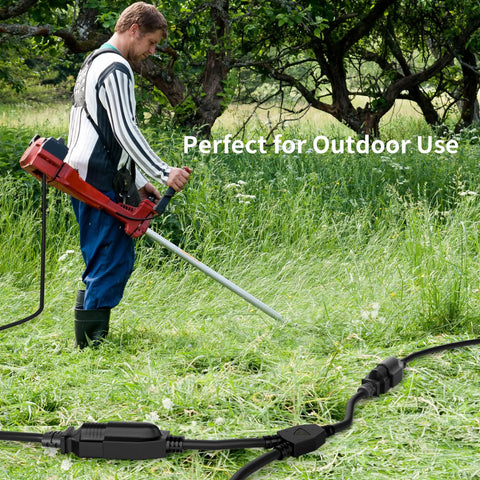 Two Way Power Cord Splitter Cable For 6 Ft Three Prong To Two Outlets Extension Cord With Outlet Saver Y Splitter UL Certified SJTW 16 Gauge 13 Amp 125 Volt Black shown in use for outdoor lawn equipment.