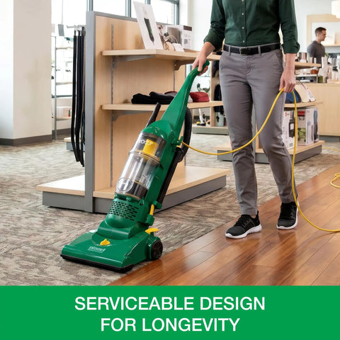 Heavy Duty Bagless Upright Vacuum Chomping Debris On Carpets Hardwood Floors And Furniture With Beastly Suction Plus Onboard Tools And Commercial Filtering For Daily Grind Cleaning in action on hardwood floor.