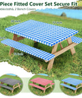 Blue picnic table cover set with bench covers and carry bag, windproof outdoor table protector with elastic edges, secure fit.