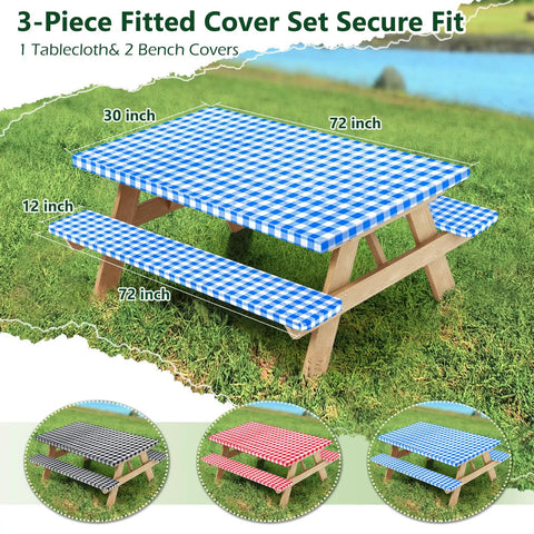 Blue picnic table cover set with bench covers and carry bag, windproof outdoor table protector with elastic edges, secure fit.