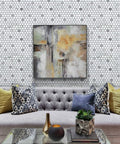Living room with painting on wall featuring Penny Round Tile Peel And Stick Backsplash Kit With White Marble Look And Silver Metal Accent Self Adhesive Mosaic Tiles For Kitchen And Bathroom 10 Sheets DIY Friendly Install Realistic Marble Texture.