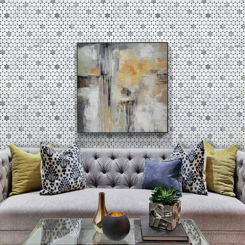 Living room with painting on wall featuring Penny Round Tile Peel And Stick Backsplash Kit With White Marble Look And Silver Metal Accent Self Adhesive Mosaic Tiles For Kitchen And Bathroom 10 Sheets DIY Friendly Install Realistic Marble Texture.