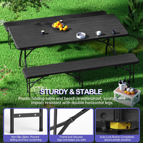Six Foot Folding Picnic Table Set With Two Benches HDPE Wood Pattern Top Portable shown in a grassy area
