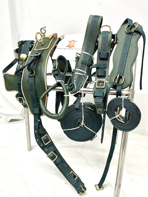 Olive Green Nylon Driving Harness With Brass Plated Fittings And Diamond Chain Browband And Noseband Beige Patent Piping Full Cob Pony Shetland Mini Sizes Built Tough For Everyday Driving And Smooth Control displayed on rack