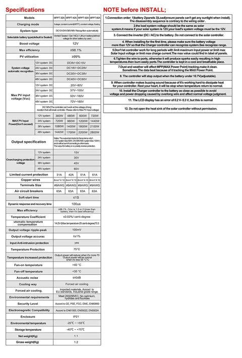 Specifications sheet for MPPT Solar Charge Controller 60A Auto 12V 24V 36V 48V With LCD Backlight High Efficiency Up To 160VDC Input