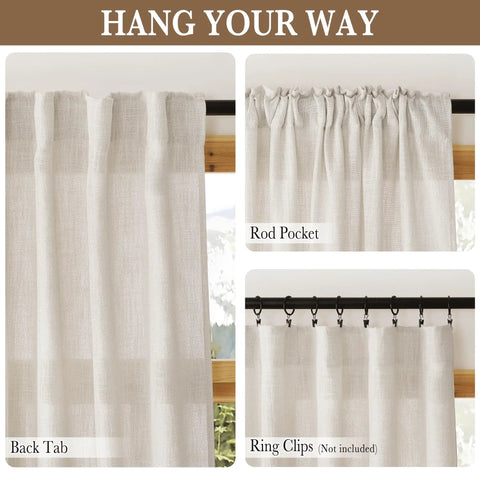 Semi Sheer Linen Curtains 52 Inch Wide By 90 Inch Long For Bedroom And Living Room, Privacy Protecting Light Diffusing Drape With Rod Pocket Back Tab, 230GSM Fabric, 2 Panels For A Cozy Private Vibe, displayed with hanging options.