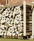 Heavy Duty Firewood Log Storage Brackets Set With Adjustable Length For Indoor And Outdoor Fireplace Wood Holder Rust Proof Powder Coated Steel DIY Kit With Screws filled with cut firewood logs outside near a brick wall.