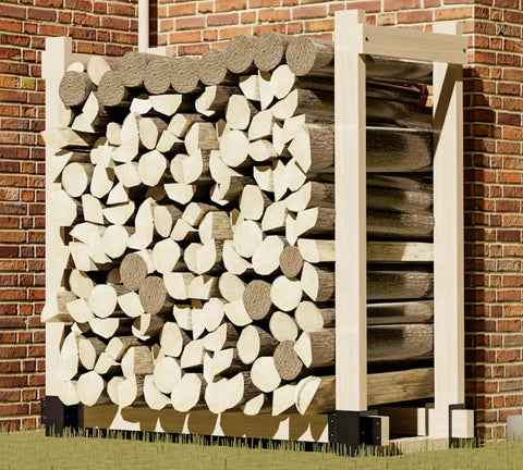 Heavy Duty Firewood Log Storage Brackets Set With Adjustable Length For Indoor And Outdoor Fireplace Wood Holder Rust Proof Powder Coated Steel DIY Kit With Screws filled with cut firewood logs outside near a brick wall.