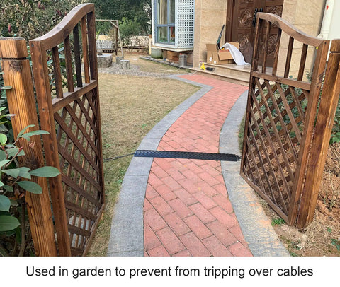 Three Piece Floor Cord Cover Set Drop Over Cable Protector Ramp for garden path, heavy duty PVC black 38-inch long.