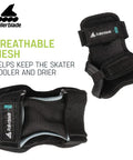 All In One Three Pack Inline Skating Protective Gear Set With Knee Pads Elbow Pads And Wrist Guards For Unisex Adults Black Size Small Featuring Breathable Mesh And Easy Strap Closure, showing wrist guards with mesh and strap details.