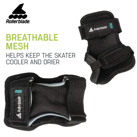 All In One Three Pack Inline Skating Protective Gear Set With Knee Pads Elbow Pads And Wrist Guards For Unisex Adults Black Size Small Featuring Breathable Mesh And Easy Strap Closure, showing wrist guards with mesh and strap details.