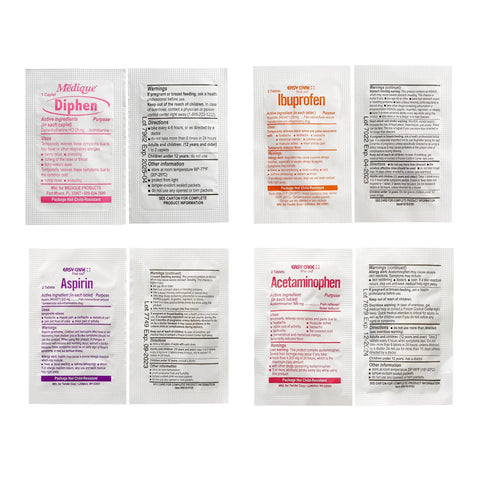 Individual medication packets from Mountain Series Day Tripper Lite First Aid Kit. Includes diphenhydramine, ibuprofen, aspirin, acetaminophen.