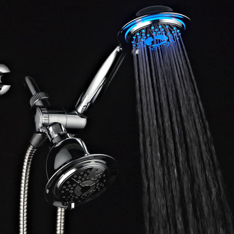 All Chrome 3 Way LED Shower Head And Handheld Combo With Air Jet Turbo Pressure Boost Nozzles Color Changing LEDs Reacting To Water Temperature Powered By Running Water No Batteries Needed Use Heads Separately Or Together For Maximum Shower Power