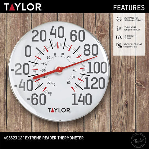 Metal Wall Thermometer For Indoor And Outdoor Use With 12 Inch Dial And Easy To Read Large Numbers Ideal For Patio Pool Or Indoor Spaces Weather Resistant And Shatterproof Construction, 12-inch Taylor wall thermometer on wood background