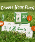 Bird Darts packaging on grass with pack options, labeled 1, 4, and 10, vibrant design in a natural setting.
