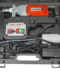 Real Deal Heavy Duty Magnetic Drill Press With Roto Broach Function For Steel Fabrication, compact setup in carrying case.