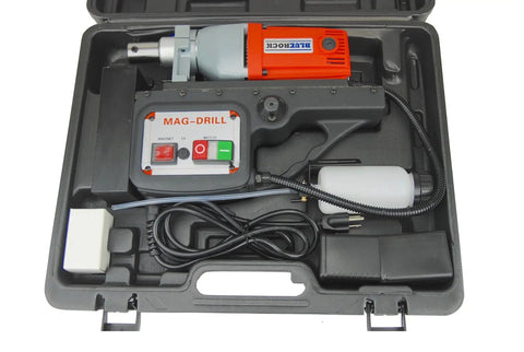 Real Deal Heavy Duty Magnetic Drill Press With Roto Broach Function For Steel Fabrication, compact setup in carrying case.