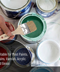 9 Pack 2 Inch Chip Paint Brushes With Thick Natural Bristles shown with open paint cans, suitable for most paints and stains.