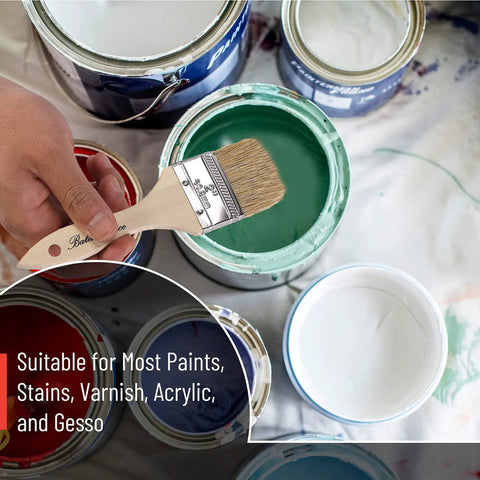 9 Pack 2 Inch Chip Paint Brushes With Thick Natural Bristles shown with open paint cans, suitable for most paints and stains.