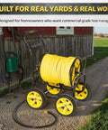 Heavy Duty Hose Reel Cart With Wheels Capacity Up To Two Hundred Fifty Feet Of Five Eighth Inch Hose Sturdy Metal Frame Portable Outdoor Water Hose Storage For Backyard Garden Or Lawn Easy Roll And Tidy Caddy on gravel path