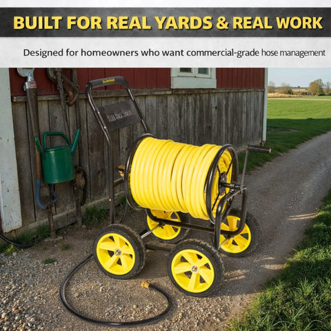 Heavy Duty Hose Reel Cart With Wheels Capacity Up To Two Hundred Fifty Feet Of Five Eighth Inch Hose Sturdy Metal Frame Portable Outdoor Water Hose Storage For Backyard Garden Or Lawn Easy Roll And Tidy Caddy on gravel path