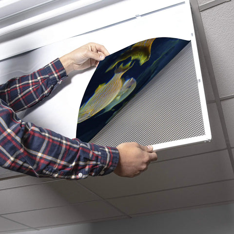 Person installing Fluorescent Light Covers For Classrooms And Offices To Kill Harsh Glare And Eye Strain Headache Free Ocean Themed Diffusers In School Master Fish Color 4 Pack Office And Classroom Decorations