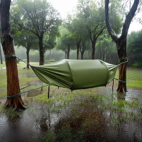 Flat Lay Hammock Tent With Mosquito Net And Waterproof Rainfly For One Person Backpacking Camping in rainy forest setup