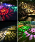 Color Changing And Warm White Solar Pathway Lights 6 Pack illuminating outdoor walkway with sunflower patterns, IP67 waterproof, solar powered.