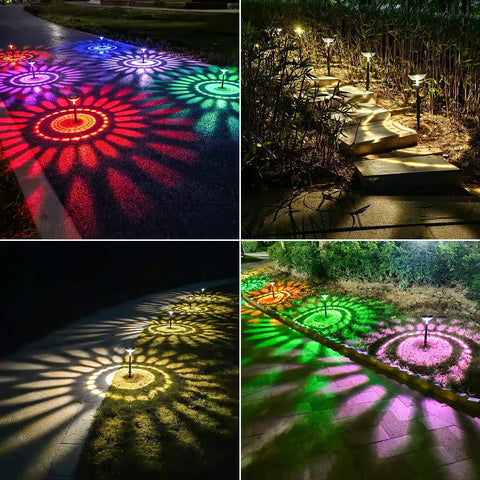 Color Changing And Warm White Solar Pathway Lights 6 Pack illuminating outdoor walkway with sunflower patterns, IP67 waterproof, solar powered.