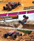 1:12 Scale RC Monster Truck 4WD Off Road Beast jumping on rugged terrain, showcasing speed and traction, 38 Km Per Hour Top Speed
