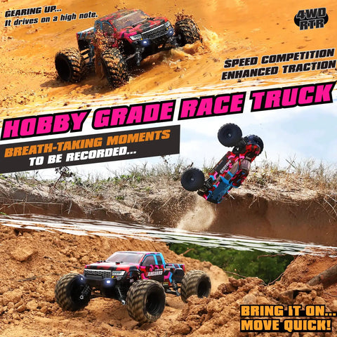 1:12 Scale RC Monster Truck 4WD Off Road Beast jumping on rugged terrain, showcasing speed and traction, 38 Km Per Hour Top Speed