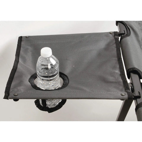 Pack-Away Big N Tall Camping Cot with removable side table showing cup holder with water bottle, steel frame visible