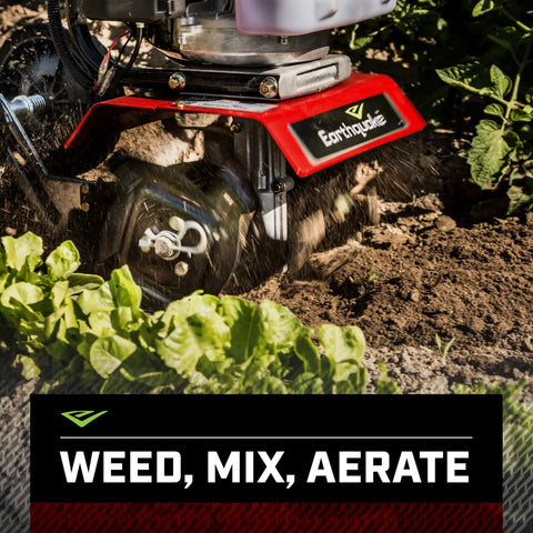 Mini Tiller Cultivator With 33cc 2 Cycle Viper Engine, Gear Drive Transmission, red tiller in garden with soil