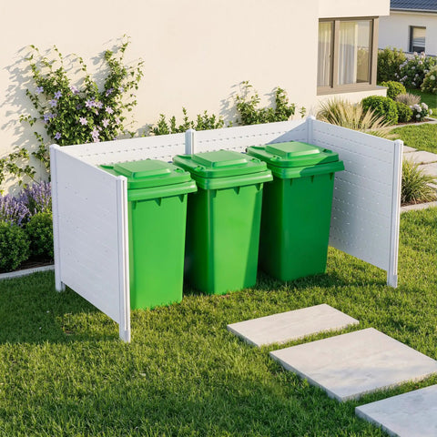 Lightweight PVC Privacy Fence Panels Set 48W By 45.4H Inches, 2 Panels enclose green trash cans in a yard setting