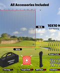 Backyard Golf Practice Net 10Ft with multi sport netting, tote bag, target cloth, 33ft rope, bungee cords, and carabiners shown.