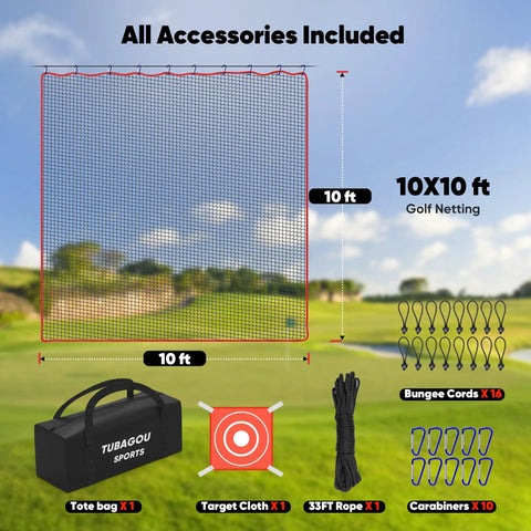 Backyard Golf Practice Net 10Ft with multi sport netting, tote bag, target cloth, 33ft rope, bungee cords, and carabiners shown.