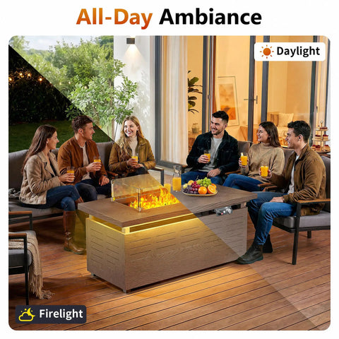 51 Inch Propane Fire Pit Table with 50,000 BTU Smokeless Heat and Glass Wind Guard on patio with people enjoying drinks