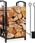 Five Piece Wrought Iron Firewood Storage Rack With All In One Tool Set For Indoor Outdoor Use Ready To Roll Includes Poker Hook Shovel And Duster