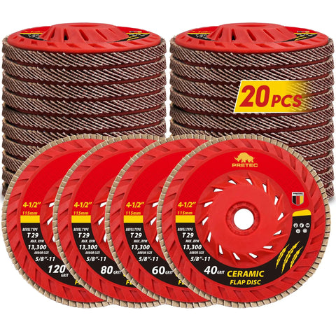 Ceramic Flap Discs for Angle Grinder 4 1/2 Inch 5/8-11 Type 29 Beefy Heavy Duty Grinding and Sanding Discs 40/60/80/120 Grit for Stainless Steel and Metal Pack of 20