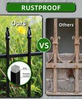 Comparison of black powder-coated decorative metal garden fence panel versus rusted fence, focus on durability.