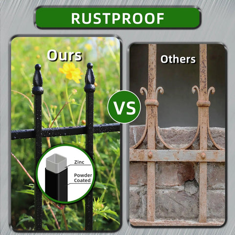 Comparison of black powder-coated decorative metal garden fence panel versus rusted fence, focus on durability.