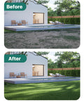 Before and after images showing lawn transformation using Stainless Steel Lawn Leveling Rake With Adjustable Handle For Smoothing Soil And Topsoil 30x10 Or 45x10 Ground Plate Yard Leveler Tool For Garden Backyard Farm Golf Course Maintenance Pro Grade