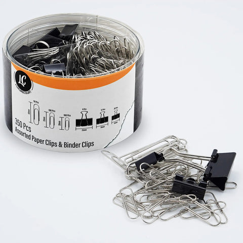350 Pack Paper Clips And Binder Clips Set With Storage Container, assorted silver and black clips for home, school, office use.