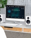 SW208 3 Inch Active Bluetooth 5.0 Bookshelf Speakers Pair With 60 Watt Output Carbon Fiber Drivers on desk with computer setup