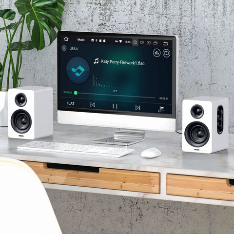 SW208 3 Inch Active Bluetooth 5.0 Bookshelf Speakers Pair With 60 Watt Output Carbon Fiber Drivers on desk with computer setup