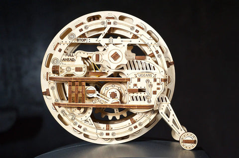 Mechanical Wooden 3D Puzzle Model Monowheel Construction Set For Gearhead Builders With A Steampunk Skeleton Showcasing Moving Dope Gears Durable Outdoor Ready So You Can Roll It On The Street Or Desk A Fun STEM Toy, side view