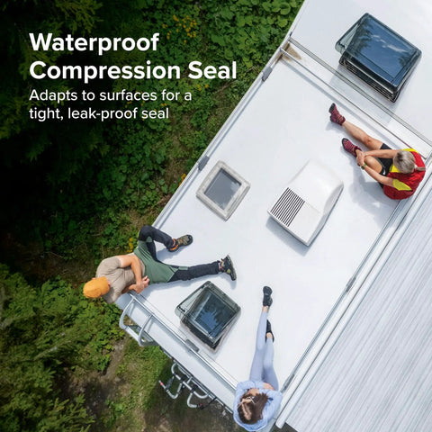 Top view of RV roof with installed RV Camper Roof AC Gasket Kit 14 Inch By 14 Inch With Waterproof Compression Seal, showing leveling pads.
